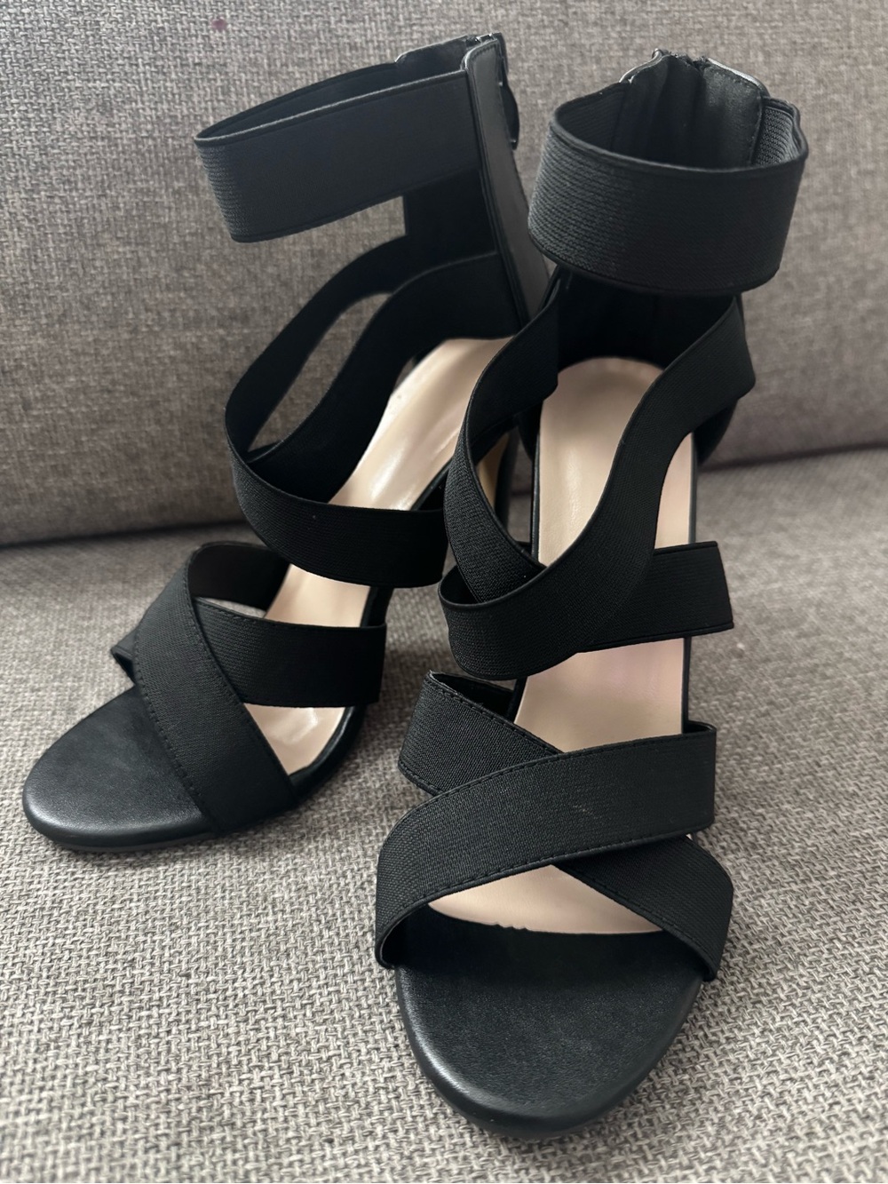 Black Strappy Elastic High Heel Sandals - Women's